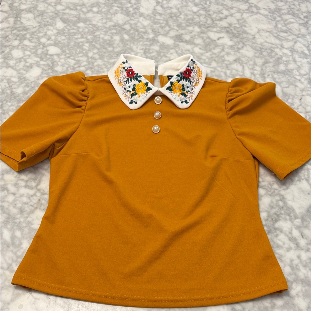 SHEIN Mustard Blouse with Embroidered Collar